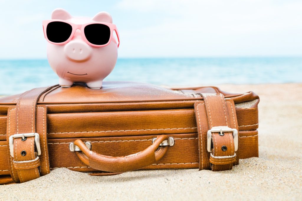 piggy on suitcase at the beach