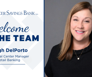 Spencer Savings Bank Logo and Welcome to the Team text next to photo of Leigh DelPorto smiling